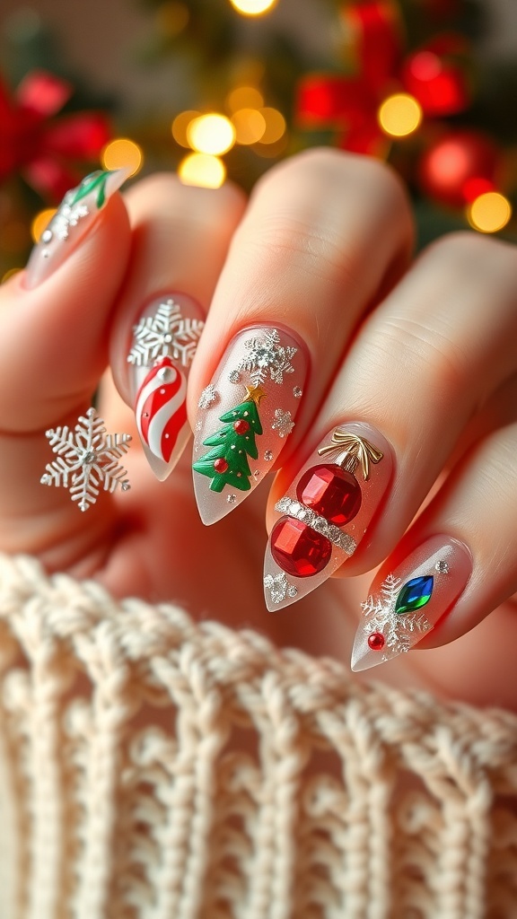 3D Christmas nail art with snowflakes, trees, and ornaments, adorned with rhinestones.